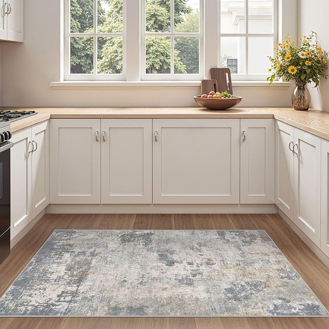 UERMEI 3x5 Area Rug Living Room Rugs - Washable Neutral Modern Abstract Soft Thin Rug Indoor Floor No Slip Rug Carpet for Bedroom Under Dining Table Home Office Decor - Blue Grey