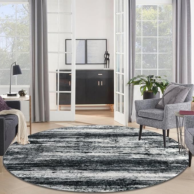 KOZYFLY Circle Rug 6Ft Modern Abstract Ombre Area Rug for Bedroom, Washable Round Rug Non-Slip Soft Striped Living Room Circle Rug, Black Navy Blue Grey Carpet for Laundry Nursery