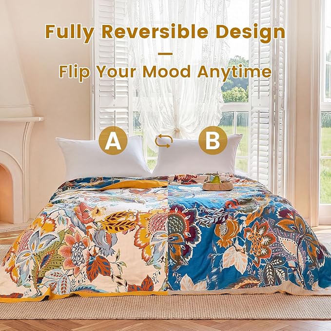 MSGKV Boho Throw Blanket 90"x108" Floral Cotton Blanket for Bed Spring Breathable Lightweight Farmhouse King Blankets Home Decor Muslin All Seasons