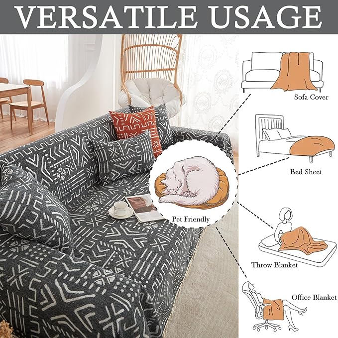 HANDONTIME Sofa Covers Boho Couch Cover for 3 Cushion Couch Sofa Geometric Couch Cover for Living Room Pet Sofa Slipcovers Couch Protector for Dogs Aesthetic Cushion Cover, Black/White