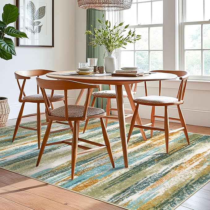 Lansny Modern Abstract 6x9 Machine Washable Living Room Rug Non-Slip Soft Bedroom Area Rug Green Mustard Multi Ultra Thin Print Faux Wool Floor Carpet Throw Rug for Nursery Playroom Dining Room Indoor