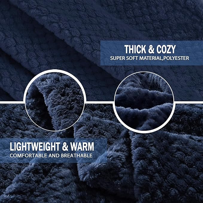 Exclusivo Mezcla Fleece Bed Blanket Twin Size, Super Soft and Warm Blankets for Couch, Sofa and Bed Waffle Textured, Cozy, Fuzzy and Lightweight (Navy Blue, 60x80 inches)
