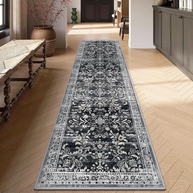 Yamaziot Washable Runner Rug 2x10 – Non Slip Boho Floral Hallway Runner Rug with Rubber Backing, Low Pile Faux Wool Distressed Carpet for Kitchen, Laundry, Bedroom, Entrance, Navy/Black