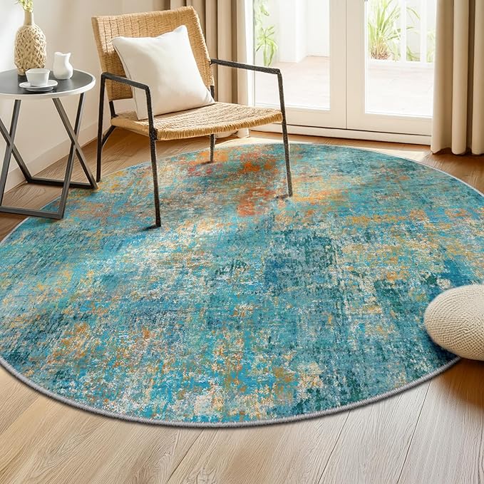 Washable Area Rugs 8ft Non-Slip Modern Abstract Soft for Living Room Entryway Bedroom Nursery, Print Pattern, Teal Blue Green Orange Rust Red Coloreful