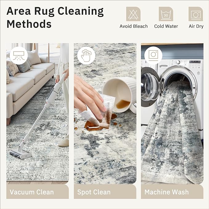Abstract Rug 8x10 Large Living Room Rugs Neutral Modern Washable Area Rugs for Bedroom Dining Room Non-Slip Stain Resistant Foldable Thin Rug Gray Blue