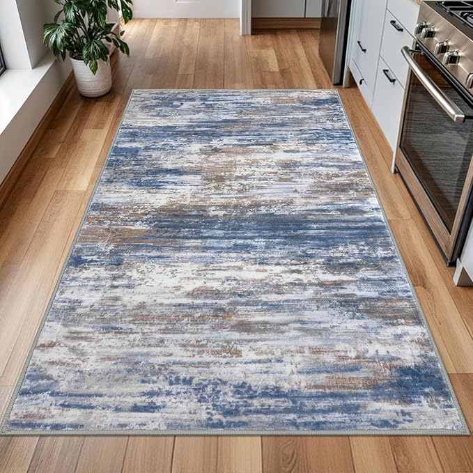 KOZYFLModern Abstract 4x6 Ft Washable Large Rugs for Entryway Non-Slip Soft Living Room Rug, Print Blue Rust Throw Rugs Indoor Mat for High-Traffic Door Entrance, Laundry, Nursery, Bedroom