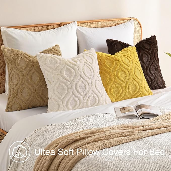 decorUhome Summer Throw Pillow Covers 20x20 Inch Set of 2, Soft Plush Faux Wool Mustard Yellow Solid Couch Pillow Covers, Accent Farmhouse Neutral Square Pillow Cases for Sofa Bed Living Room