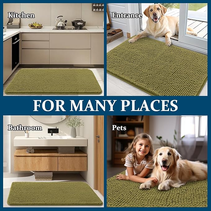 OLANLY Dog Door Mat for Muddy Paws 30x17, Absorbs Moisture and Dirt, Absorbent Non-Slip Washable Doormat, Quick Dry Chenille Mud Mat, Entry Indoor Entryway Carpet for Inside Floor, Willow Green