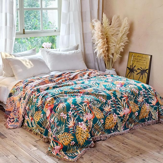 MSGKV Boho Throw Blanket for Bed 60"x80" 100% Cotton Jungle Animal Couch Blanket Spring Breathable Lightweight Twin Size Blankets for Sofa Home Decor Muslin All Seasons