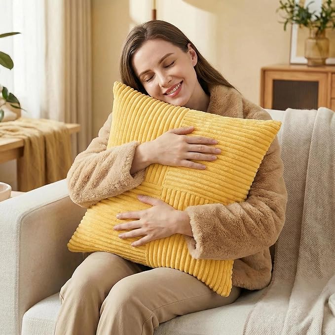 Fancy Homi 2 Packs Yellow Big Decorative Throw Pillow Covers 24x24 Inch for Couch Bed Sofa, Rustic Farmhouse Boho Home Decor, Soft Corss Corduroy Patchwork Accent Square Cushion Case 60x60 cm