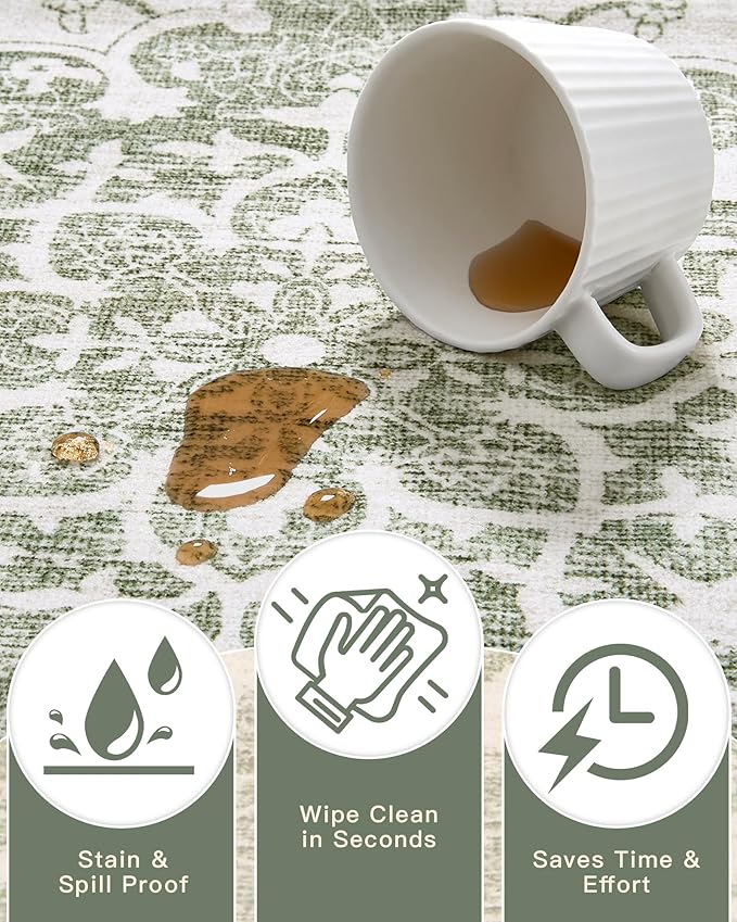 Madane 8x10 Area Rugs for Living Room, Machine Washable Vintage Green Rug with Non-Slip Backing, Soft Throw Large Rug, Thin Carpet for Bedroom Dining Room Farmhouse Under Table, Green/Ivory