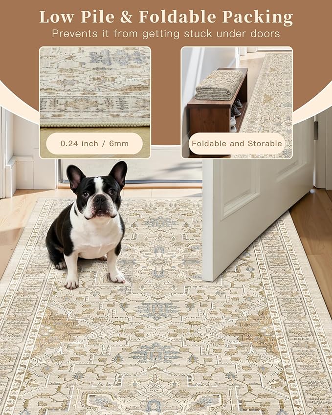 Madane Area Rug 4x6 Washable Rugs: Vintage Living Room Rug Soft Low Pile Non Slip Area Rugs Distressed Indoor Floor Carpet for Bedroom Kitchen Dining Room Home Decor, Beige/Blue