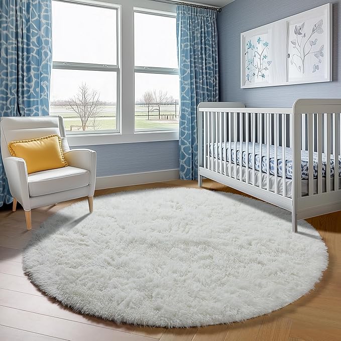 ONASAR Cream White Round Rugs 8ft for Living Room, Ivory Fluffy Bedroom Circle Area Rug, Soft Plush Shaggy Carpet for Kids Girls Boys Teen Nursery Dorm Classroom Playroom Home Decor Aesthetic