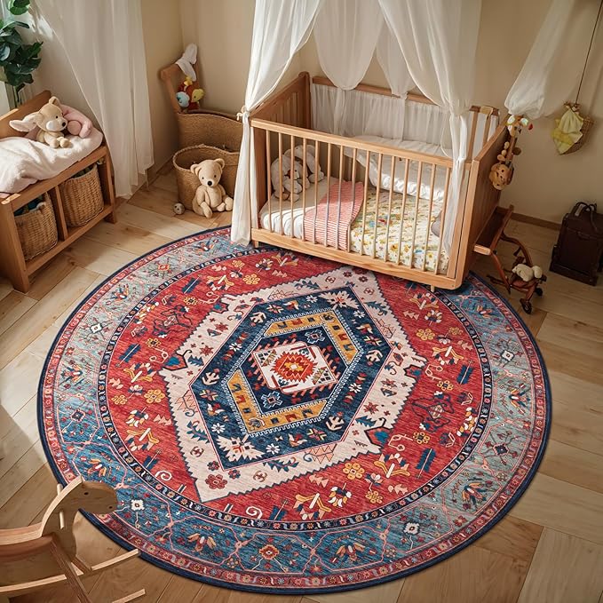 SERISSA 4ft Round Area Rug, Washable Non-Slip Boho Circle Rug, Ultra Soft Oriental Vintage Rust Low-Pile Small Circular Carpet for Bedroom Entryway Kids Room Office College Dorm Living Room