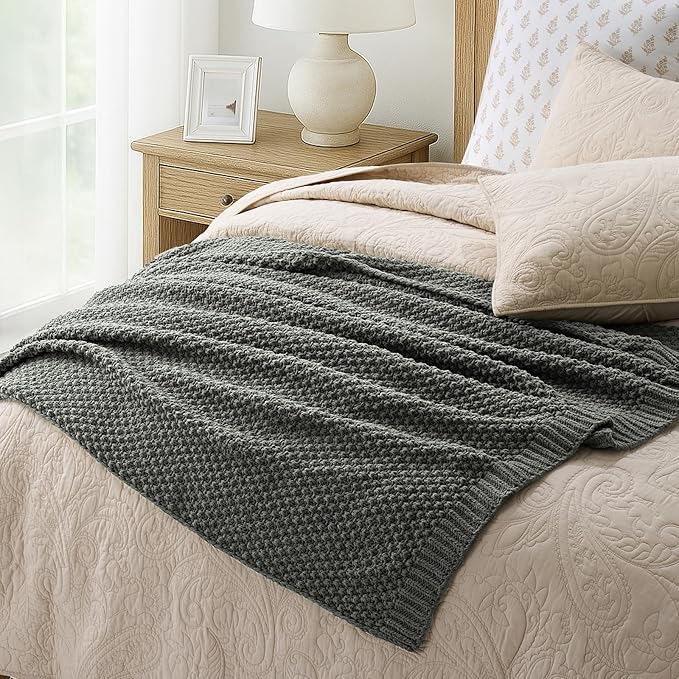 EVERGRACEHOME Chunky Chenille Knit Throw Blanket for Couch, Soft Luxurious Moss Stitch Blankets for Bed, Cozy Decorative Farmhouse Knitted Throws for Sofa, Charcoal Gray, 60" x 80"