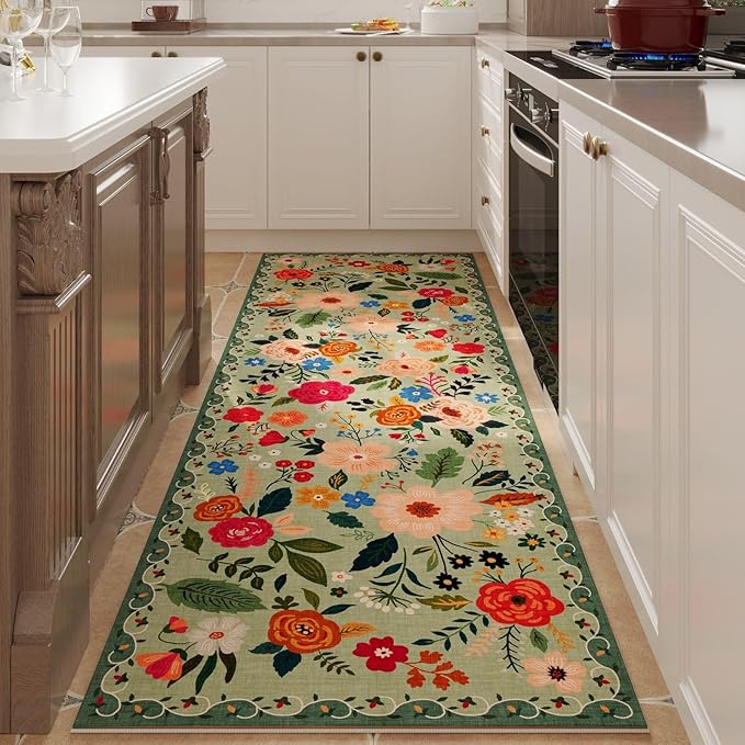 Rugcomf 2x5 Rug Runner - Floral Machine Washable Kitchen Rug, Non-Slip Low Pile Boho Carpet for Hallways, Laundry, Entryway, Bedroom, Bathroom - Green