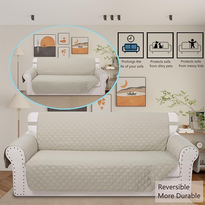 Reversible 4 Seater Sofa Cover 91 Inch Large Couch Cover Furniture Protector(Sofa XX-Large,Beige/Beige)
