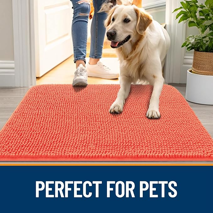 OLANLY Dog Door Mat for Muddy Paws 59x32, Absorbs Moisture and Dirt, Absorbent Non-Slip Washable Doormat, Quick Dry Chenille Mud Mat for Dogs, Entry Indoor Entryway Carpet for Inside Floor, Coral