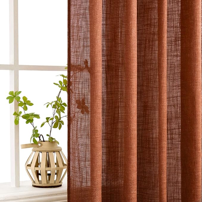 MIULEE Burnt Orange Linen Curtains 96 Inch Long for Bedroom Living Room, Soft Thick Linen Textured Window Drapes Terracotta Rust Boho Fall Decor Semi Sheer Light Filtering Back Tab 2 Panels