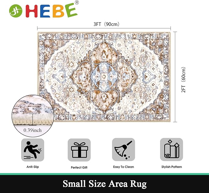 HEBE Washable Area Rug - 2'x3' Non Slip Soft Distressed Medallion Bedroom Boho Living Room Accent Throw Vintage Entry Floor Carpet for Dining Room Bathroom Entryway