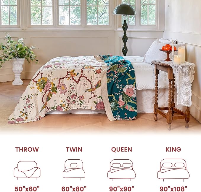 MSGKV The Boho Layer: 60"x80" Cotton Throw Blanket – Full Size for Couch Snuggles, Twin Bed Topper | Lightweight & Breathable Reversible Chinoiserie Floral & Bird Pattern, Decorative Accent
