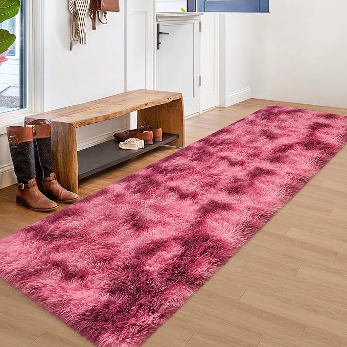 Tie-Dyed Red 2x8 Machine Washable Runner Rugs for Hallway Soft Fluffy Shaggy Bedside Rugs for Bedroom Living Room Indoor Floor Carpet for Kids Girls and Boys Nursery Rooms Home Decor Aesthetic