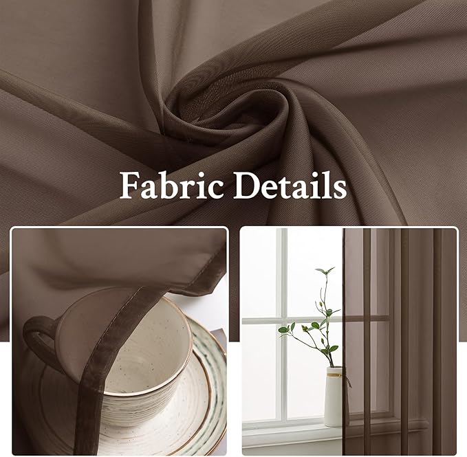 MIULEE Chocolate Brown Sheer Curtains 96 Inches Long 2 Panels, Light Filtering Voile Drapes with Rod Pocket for Bedroom and Living Room Windows