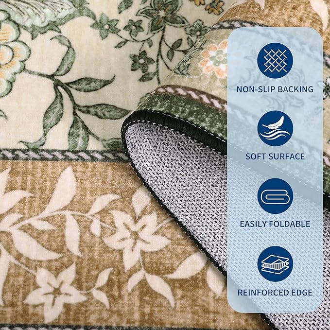 GarveeHome Terracotta Olive Sage Green Washable 6x9 Area Rugs, Botanical Grove Vintage Cottagecore Non-Slip Rug for Living Room Bedroom Nursery Kitchen Low-Pile Retro Large Carpet