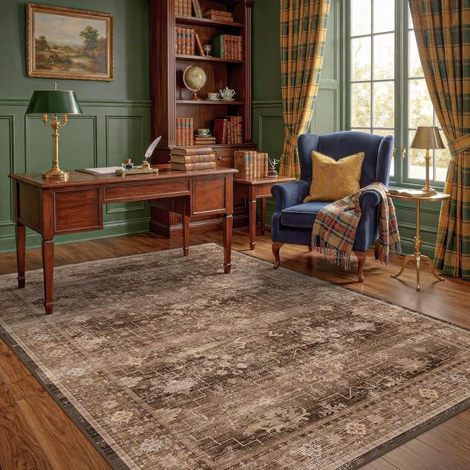 Hazo Haus Boho Taupe Brown 5x7 Living Room Rug - Modern Vintage Traditional Oriental Neutral, Washable Low Pile Non-Slip Large Area Rugs for Nursery Dining Under Table