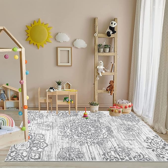 HEBE Washable Area Rug - 4'x6' Non Slip Soft Distressed Medallion Bedroom & Living Room Accent Throw Vintage Entry Floor Carpet for Dining Room & Bathroom Entryway