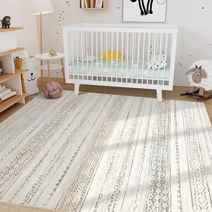 Nakagishi Area Rug 6x9 Living Room: Washable Boho Large Neutral Soft Farmhouse Rugs Stain Resistant Modern Indoor Floor Non-Slip Carpet for Bedroom Nursery Kids Playroom Office Dining Room- Colorful