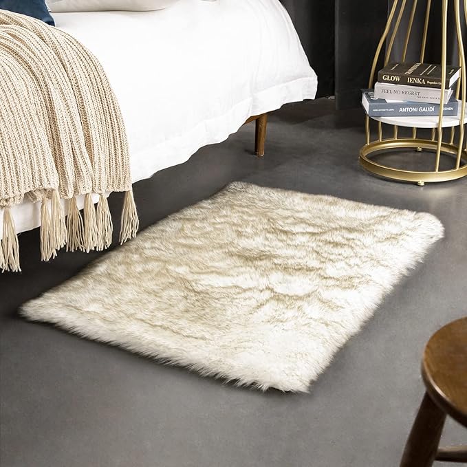 Ashler HOME DECO Soft Fox Faux Fur Chair Couch Cover Area Rug for Bedroom Floor Sofa Living Room White Brown Rectangle 2 x 3 Feet