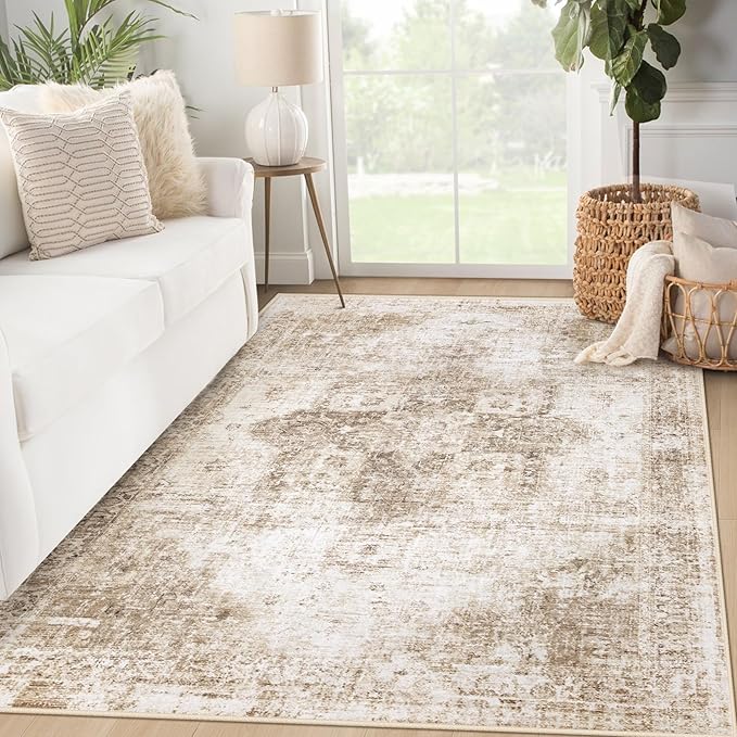 Area Rug 3x5 Washable Rug, Vintage Boho Medallion Entryway Rug Non-Slip Soft Low Pile Small Distressed Floor Carpet Retro Doormat for Kitchen Bedroom Laundry Bathroom Hallway (Brown, 3'x5')