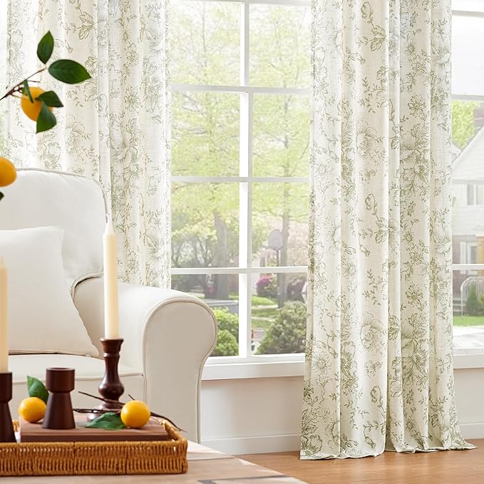 jinchan Linen Blend Floral Curtains for Living Room 96 Inch Length Farmhouse Printed Curtain Rod Pocket Back Tab Sage Green Peony Flower Patterned Drapes Bedroom Curtains Set 2 Panels