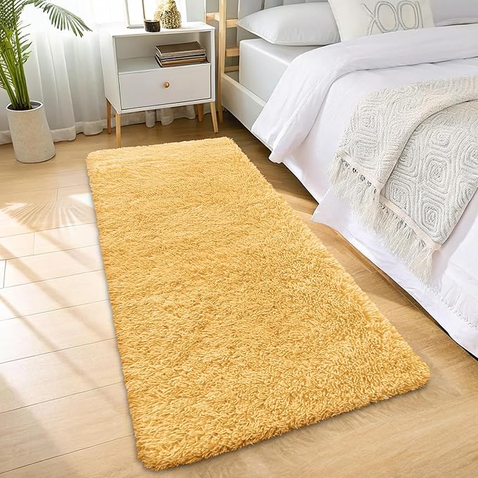 OLANLY 2x6 Machine Washable Runner Rugs for Hallway, Soft Fluffy Shaggy Bedside Rugs for Bedroom, Living Room, Indoor Floor Carpet for Kids Girls and Boys, Home Decor Aesthetic, Mustard Yellow