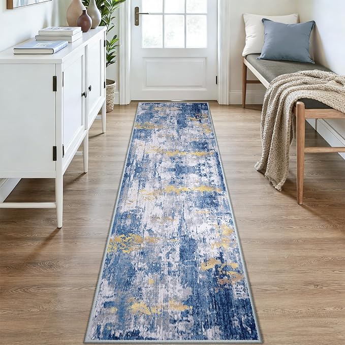 Washable Area Rugs 2x9 Non-Slip Modern Abstract Soft for Living Room Entryway Bedroom Nursery, Print Pattern, Grey Blue Gold/Golden
