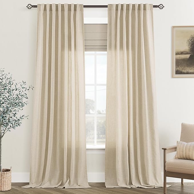 Greyish Beige Linen Curtain 120 inch Length 2 Panels Set Back Tab Light Filtering Living Room Curtain Drapes Home Office Modern Minimalist Decor Farmhouse Boho Neutral Semi Sheer Curtain 120 inch Long