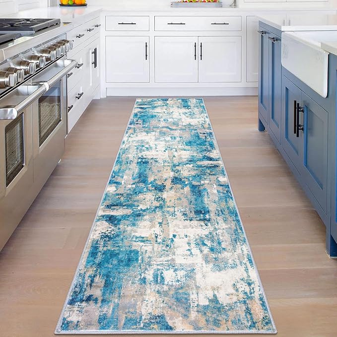 KOZYFLY Modern Abstract Rug Runner, 2x8, Blue, Low Pile, Machine Washable, Non-Slip, Recycled Fiber, Area Rug for Hallway, Kitchen, Bathroom, Bedroom
