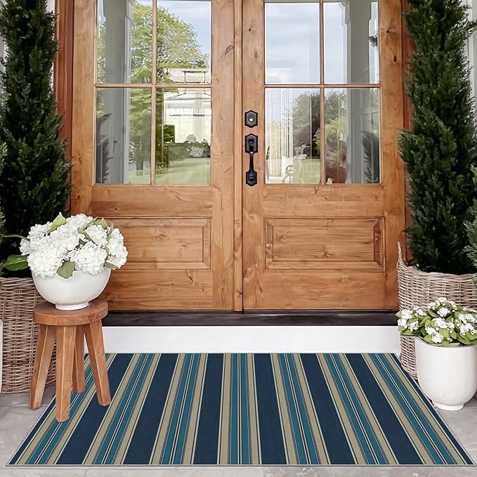 Striped Outdoor Rug - 28" x 43" Front Door Mat Indoor Outside Entrance Non-Slip Washable Outdoor Mat Navy Blue Coastal Rug for Entryway Kitchen Bedroom Welcome Layered Doormat for Front Porch
