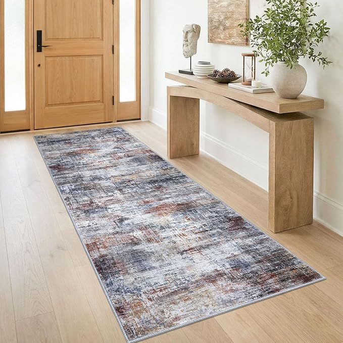 IOHOUZE Abstract Runner Rug 3x8 Ft Washable Runners for Hallways, Non Slip Kitchen Runner Printed Faux Wool Entryway Runner Indoor, Modern Abstract Floor Carpet for Hall Bedroom, Orange Grey