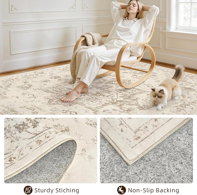 6x9 Area Rugs for Living Room: Vintage Boho Neutral Washable Rug Indoor Soft Large Area Rug Carpet for Bedroom Nursery Farmhouse Dining Room Office Floor Non-Slip Low Pile Under Table Rug Beige/Ivory