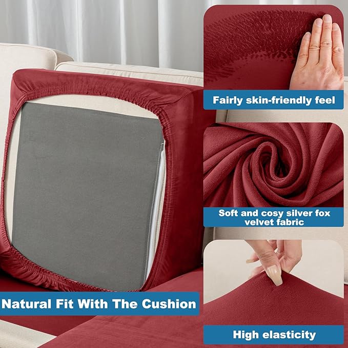 Couch Cover 8-Piece Elastic Velvet Couch Cushion Covers & Chaise Slipcovers for L-Shaped Sofas, Sofa Seat Covers Washable, Soft Cover for Couches (7 Seater + Chaise, Christmas Red)