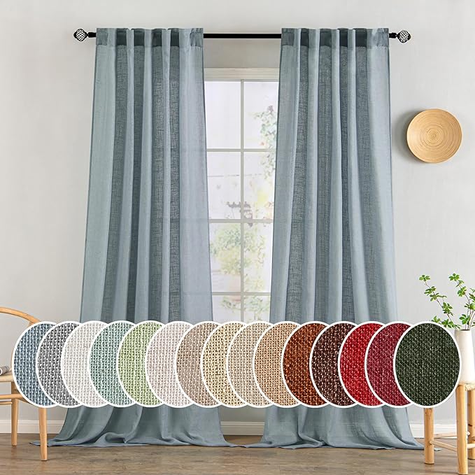 MIULEE Dusty Blue Linen Curtains 90 Inch Long 2 Panels for Bedroom Living Room, Soft Thick Linen Textured Window Drapes Semi Sheer Light Filtering Rod Pocket Back Tab Light Blue Burlap Look Decor