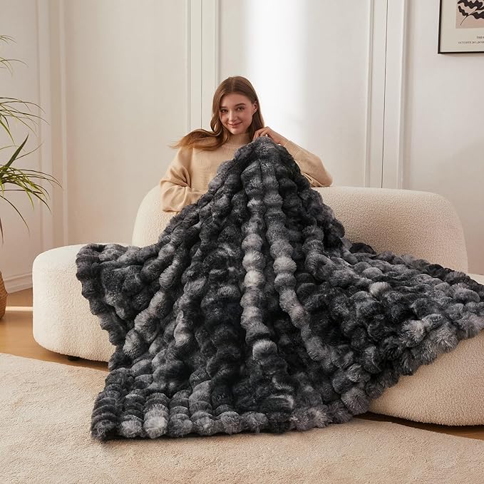 COOVA Faux Fur Throw Blanket for Couch, Cozy Soft and Fuzzy Plush Rabbit Fur Bubble Blanket for Sofa Bedroom Living Room, 50x60 Inches Tie Dye Black