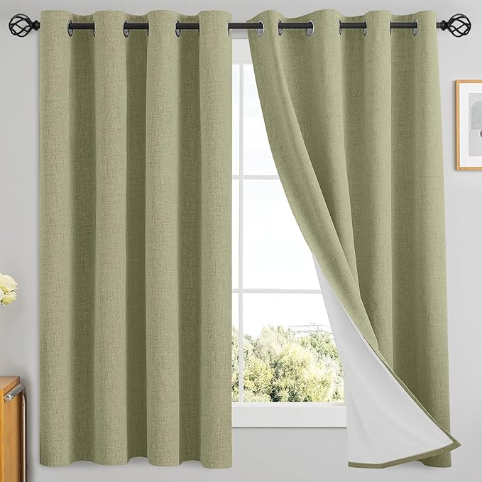 Yakamok Linen Sage Curtains 100% Blackout 63 Inches Long,Room Darkening Textured Curtains for Living Room Thermal Grommet Bedroom Curtain 2 Panels with Greyish White Liner