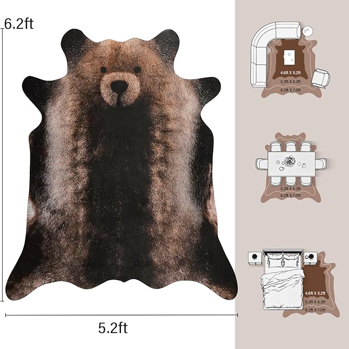 AROGAN Premium Bear Print Rug 5.2x6.2 Feet, Machine Washable Faux Fur Rug, Non-Slip Animal Print Hide Bear Skin Area Rug for Bedroom Living Room Home Decor