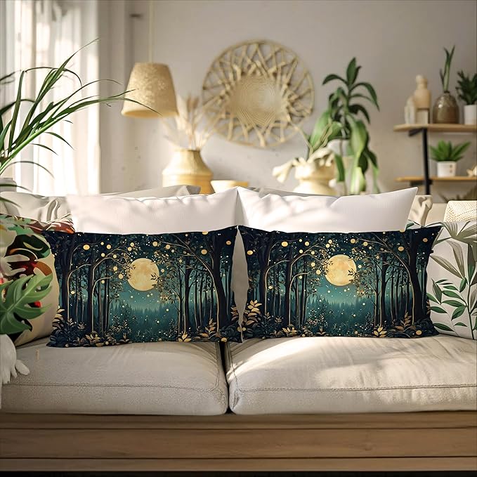 Rustic William Morris Inspired Night Moon Forest Decor Pillow Covers 18x18 Set of 2,Vintage Black and Gold Nature Landscape Botanical Decorative Throw Pillow Covers for Home Bedroom Living Room