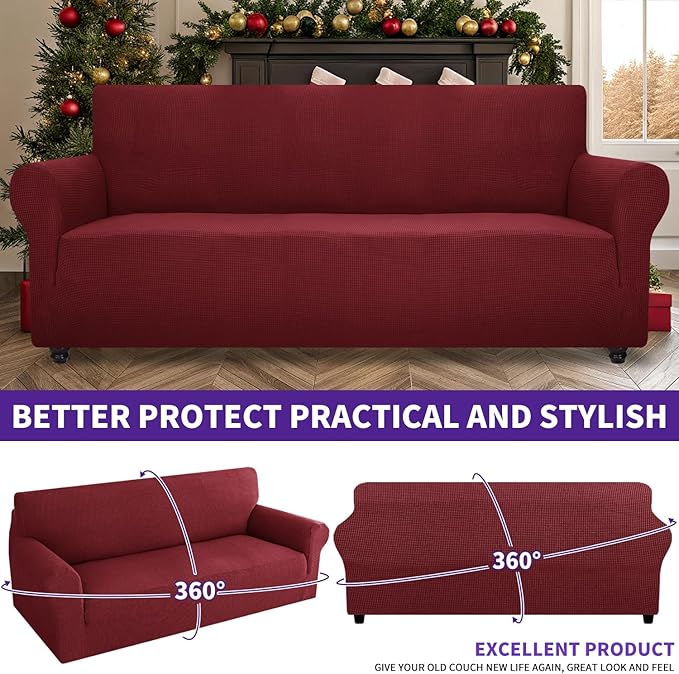 ZNSAYOTX Stretch Oversized Couch Cover Universal Sofa Covers for Living Room Dogs Pet Furniture Protector Spandex Extra Large Sofa Slipcovers with Anti Slip Foam Sticks (Wine Red, XL Sofa)