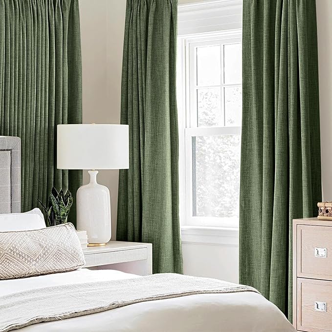 MIULEE 100% Blackout Linen Textured Curtains for Bedroom Solid Thermal Insulated Olive Green Grommet Room Darkening Curtains & Drapes Luxury Decor for Living Room Nursery 42 x 90 Inch (2 Panels)