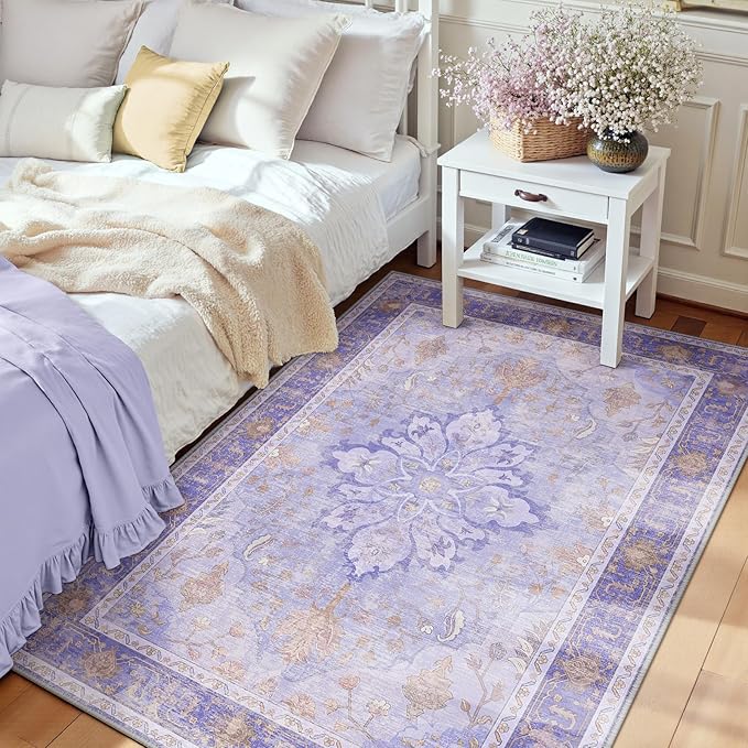 RELEANY Area Rugs 3'x5' Washable Non-Slip, Floral Vintage Distress Print Pattern Medallion Carpet for Living Room Bedroom Dining Room, Light Purple Brown